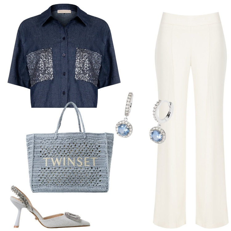 Outfit donna - Rientro in ufficio. Stile Casual chic per Ufficio. Abbinamento con orecchini, camicie a manica corta, pantaloni a palazzo, borse tote, scarpe col tacco.