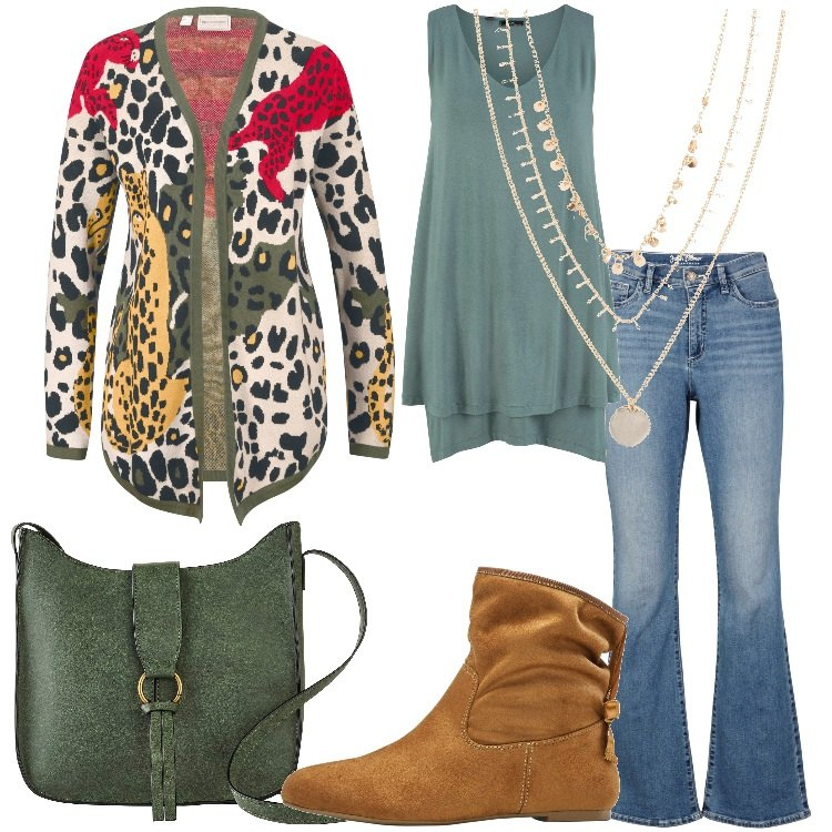 Outfit donna - Bonprix Denim Style. Stile Etnico per Tutti i giorni. Abbinamento con collane, jeans bootcut, cardigans, borse a tracolla, top, stivaletti.