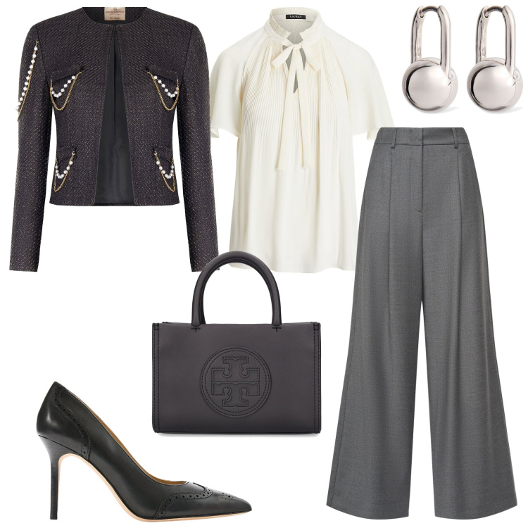 Outfit donna - Business woman. Stile Casual chic per Ufficio. Abbinamento con blazer, camicie, décolleté, pantaloni, shopping bag, orecchini.