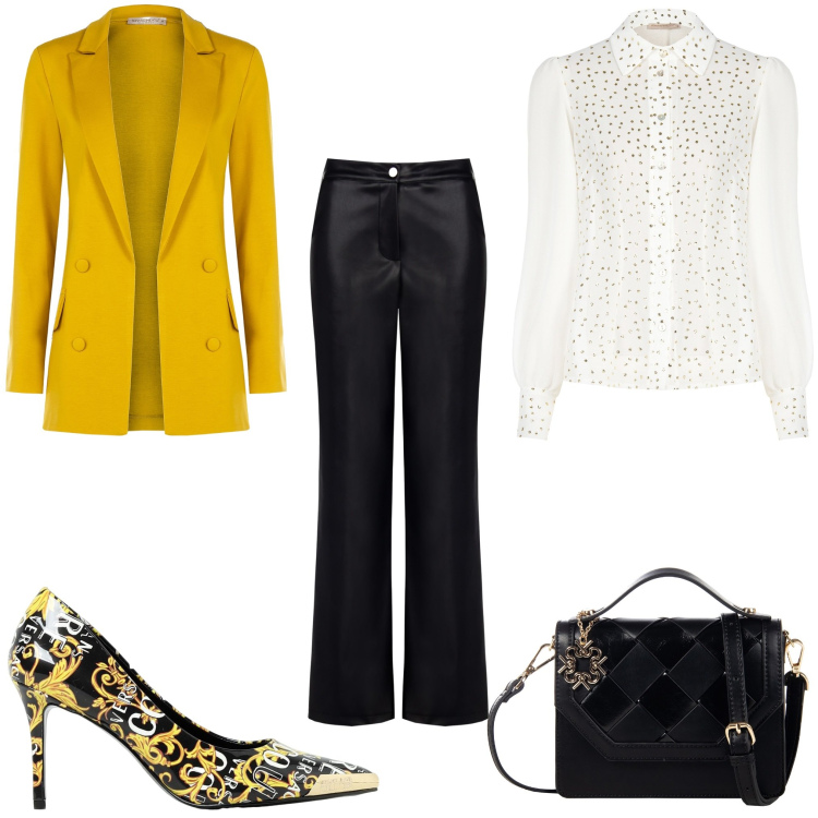 Outfit donna - In ufficio con stile. Stile Casual chic per Ufficio. Abbinamento con camicie, blazer, pantaloni, borse a tracolla, scarpe col tacco.