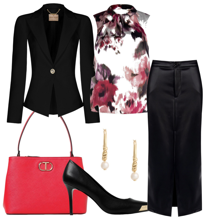 Outfit donna - Un tocco di colore. Stile Casual chic per Ufficio. Abbinamento con blazer, gonne, bluse, orecchini, scarpe col tacco, borse a spalla.