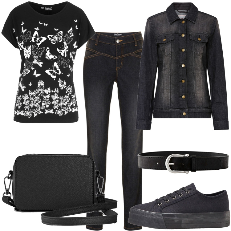 Outfit donna - Denim Total black. Stile Casual per Tutti i giorni. Abbinamento con cinture, t-shirt, sneakers, borse a tracolla, blazer, jeans skinny.
