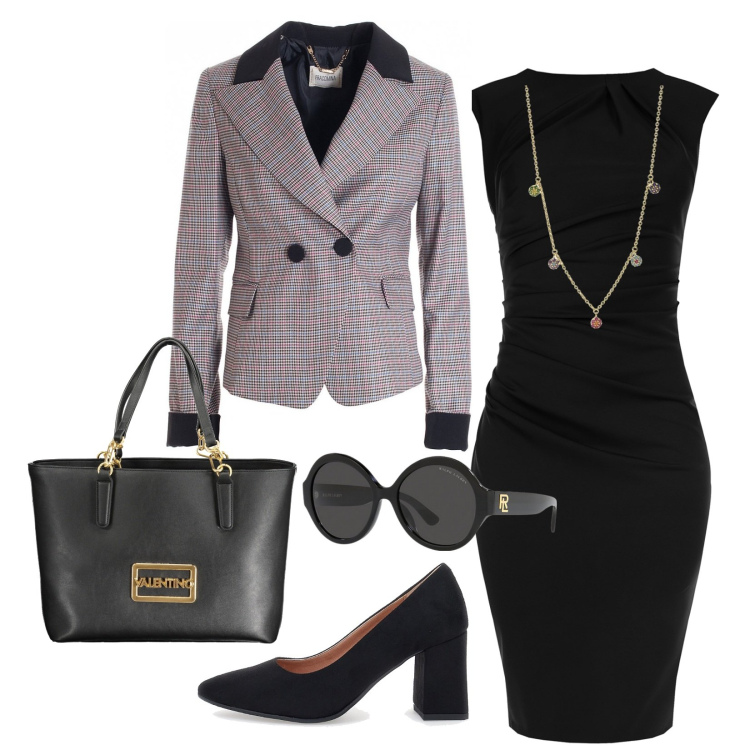 Outfit donna - Very busy!!!. Stile Chic per Ufficio. Abbinamento con ciondoli, vestiti a tubino, blazer, occhiali da sole, décolleté, borse a spalla.