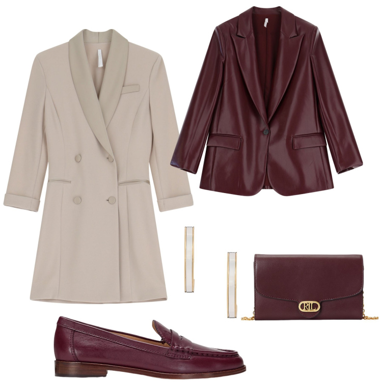 Outfit donna - Beige e Borgogna per la manager. Stile Glamour per Ufficio. Abbinamento con vestiti corti, blazer, borse a tracolla, mocassini, orecchini.