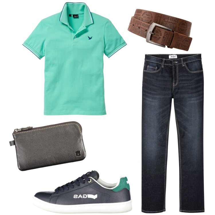 Outfit uomo - In jeans. Stile Casual per Tutti i giorni. Abbinamento con cinture, polo, jeans bootcut, portafogli, scarpe sportive.