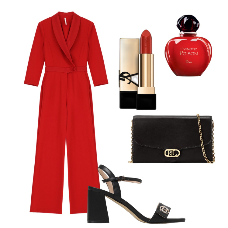 Outfit donna - Serata di settembre. Stile Chic per Serata fuori. Abbinamento con profumi, rossetti, tute, borse a tracolla, sandali col tacco.