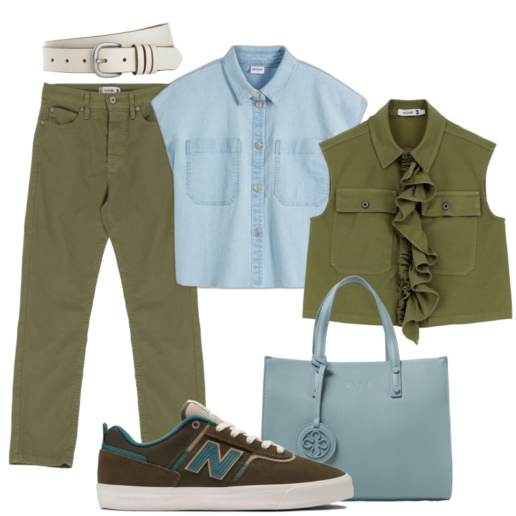 Outfit donna - Giornata in città. Stile Urban per Tutti i giorni. Abbinamento con camicie, cinture, jeans, gilet, sneakers, borse tote.