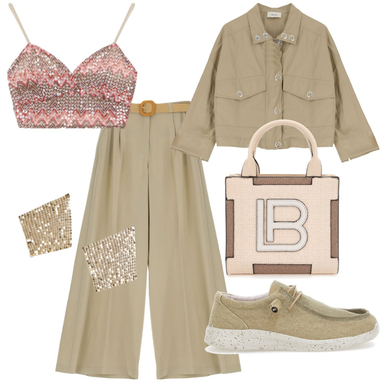 Outfit donna - Total look #1949529. Stile Casual per Ufficio. Abbinamento con orecchini, pantaloni a palazzo, blazer, top, mocassini, borse a mano.