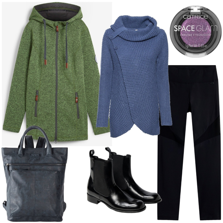 Outfit donna - Garfagnana. Stile Casual per Tutti i giorni. Abbinamento con blazer, maglieria, zaini, ombretti, pantaloni, stivaletti chelsea.