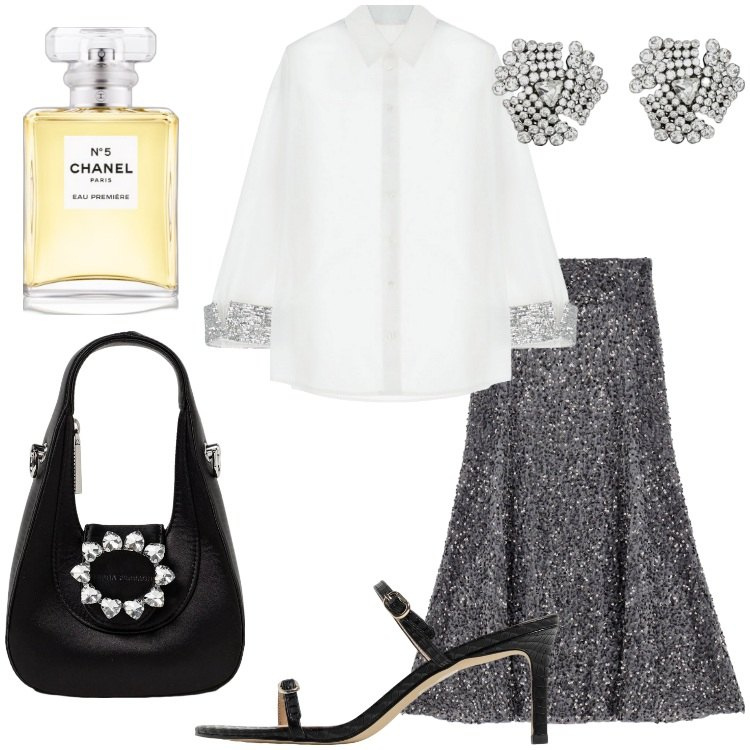 Outfit donna - Serata scintillante. Stile Chic per Serata fuori. Abbinamento con profumi, camicie, gonne, borse a mano, sandali in pelle, orecchini.