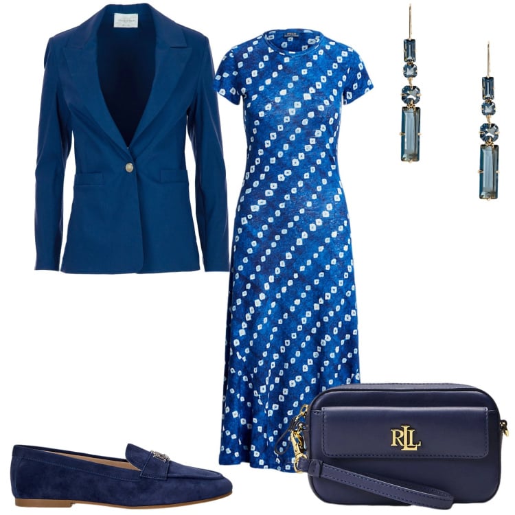 Outfit donna - Senza tacchi. Stile Glamour per Tutti i giorni. Abbinamento con pochette, vestiti, mocassini, orecchini, blazer.