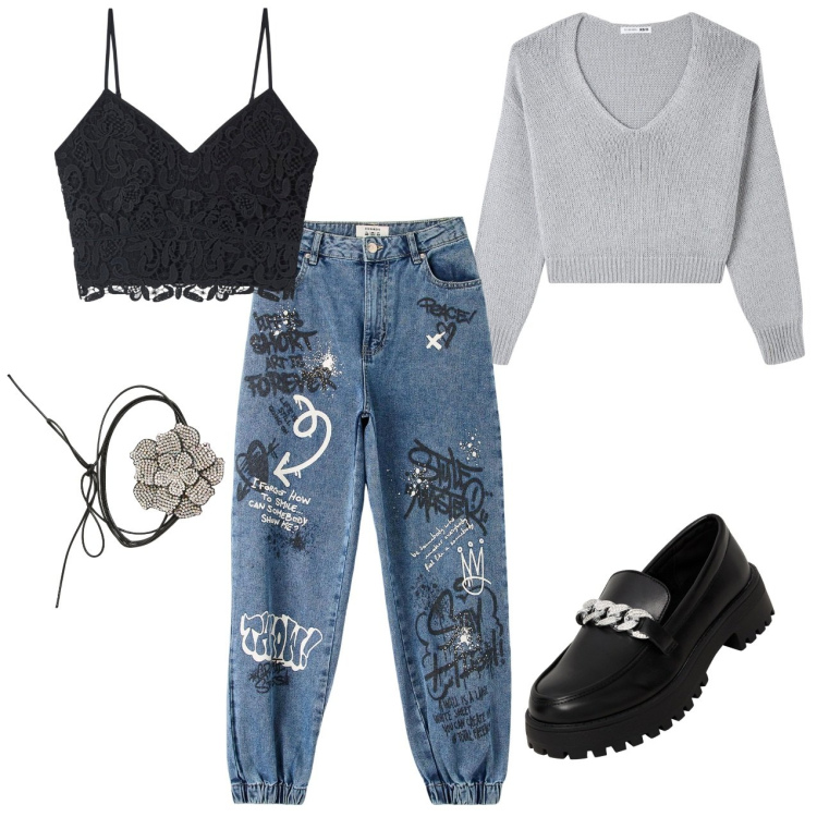 Outfit donna - Viva la scuola. Stile Casual per Scuola/Università. Abbinamento con top, jeans, mocassini, collane, maglieria.