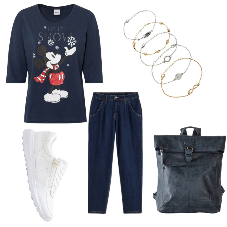 Outfit donna - Sognando la neve. Stile Basic per Tutti i giorni. Abbinamento con braccialetti con ciondoli, sneakers, jeans, maglieria, zaini.