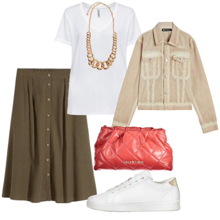 Outfit donna - Giornata positiva. Stile Basic per Tutti i giorni. Abbinamento con t-shirt, sneakers, gonne longuette, blazer, borse a spalla, collane.