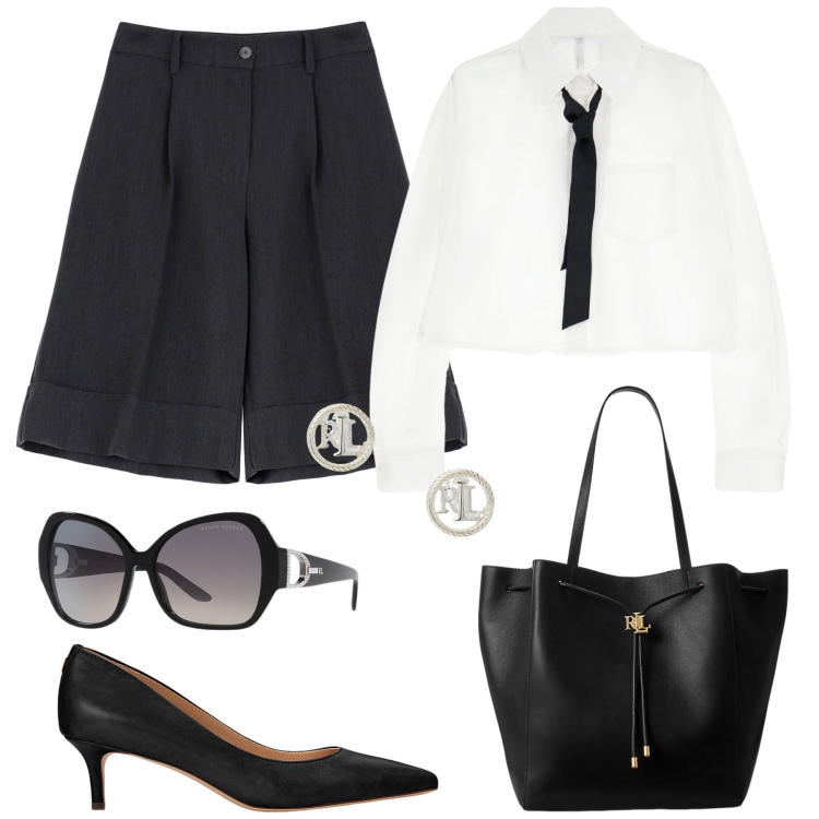 Outfit donna - Imperial Back to office. Stile Casual chic per Ufficio. Abbinamento con bermuda, camicie, décolleté, occhiali da sole, orecchini, borse tote.