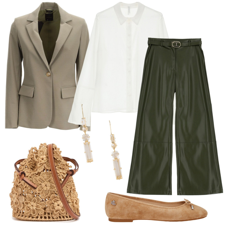 Outfit donna - Speciale business woman. Stile Glamour per Ufficio. Abbinamento con pantaloni, camicie, ballerine, orecchini, borse a mano, blazer.