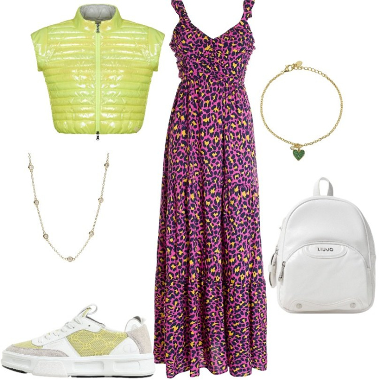 Outfit donna - Total look #1949685. Stile Casual per Scuola/Università. Abbinamento con braccialetti con ciondoli, collane, vestiti lunghi, blazer, sneakers, zaini.