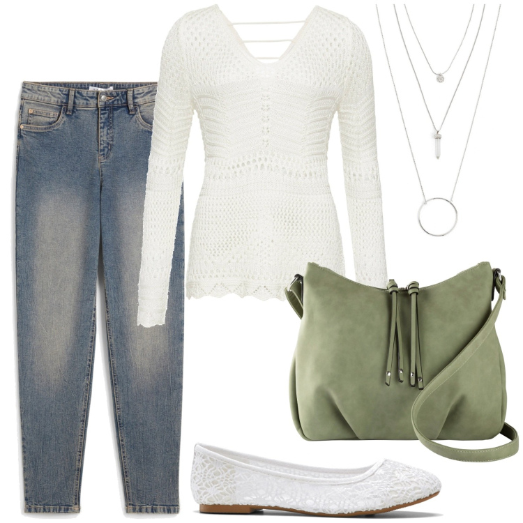 Outfit donna - Jeans e crochet. Stile Casual chic per Tutti i giorni. Abbinamento con ciondoli, ballerine, jeans mom, borse a tracolla, maglieria.