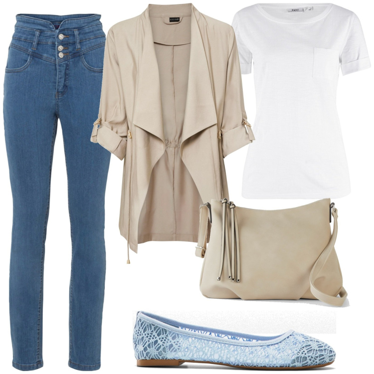 Outfit donna - Jeans a vita alta. Stile Casual per Tutti i giorni. Abbinamento con t-shirt, blazer, jeans skinny, borse a tracolla, ballerine.