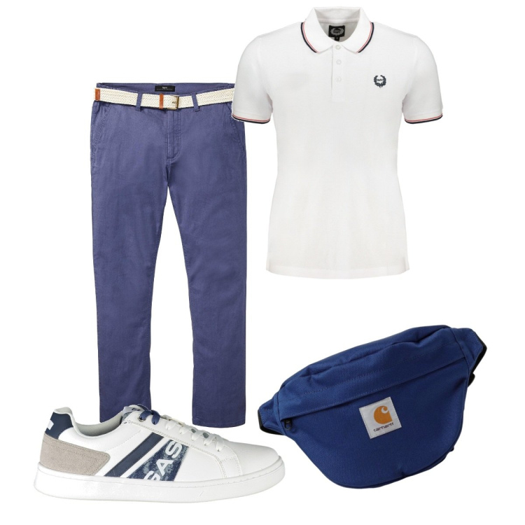 Outfit uomo - Agosto al lavoro. Stile Casual per Ufficio. Abbinamento con pantaloni chino, sneakers, borse sportive, polo.