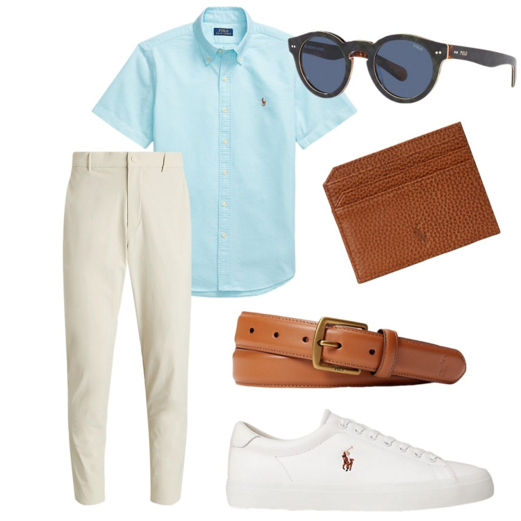 Outfit uomo - Agosto in ufficio. Stile Business/Elegante per Ufficio. Abbinamento con cinture, camicie, sneakers, occhiali da sole, portafogli, pantaloni.