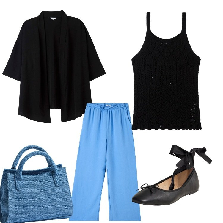 Outfit donna - Dinamica. Stile Basic per Tutti i giorni. Abbinamento con pantaloni, kimono, borse a tracolla, ballerine, top.