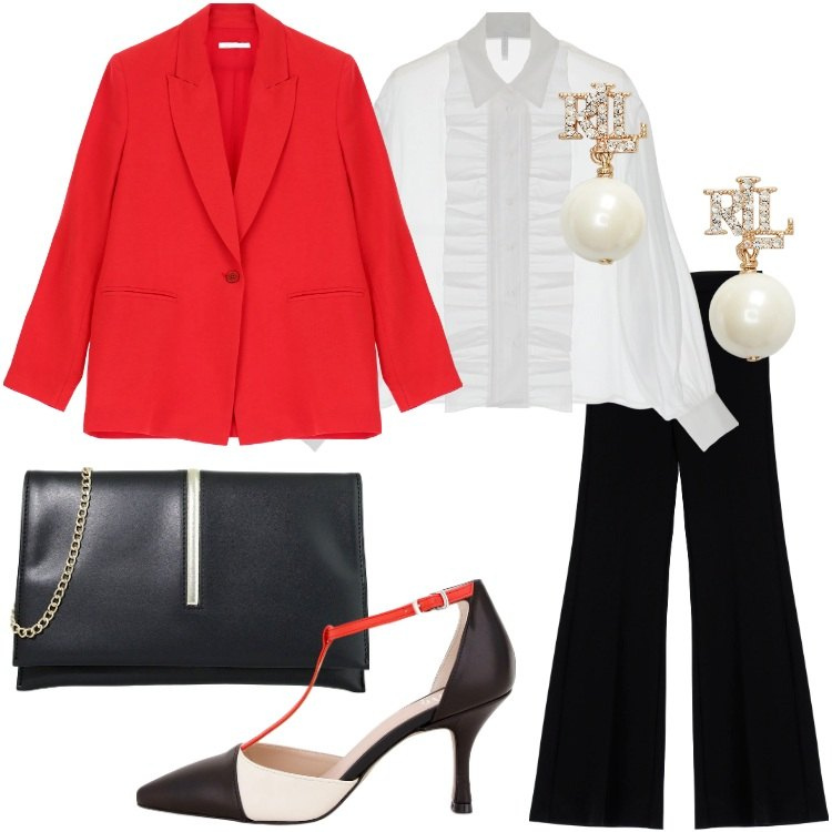 Outfit donna - IMPERIAL - Back to office. Stile Chic per Ufficio. Abbinamento con camicie, blazer, pantaloni, pochette, sandali col tacco, orecchini.
