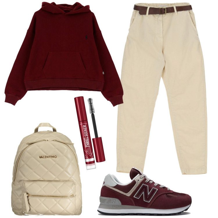 Outfit donna - Sportiva in beige e bordeaux. Stile Casual per Scuola/Università. Abbinamento con mascara, sneakers, felpe con cappuccio, pantaloni, zaini.