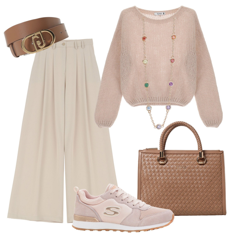 Outfit donna - Rosa cipria, panna e cognac in ufficio. Stile Casual chic per Ufficio. Abbinamento con sneakers, collane, pantaloni, pullovers, borse a mano, cinture.