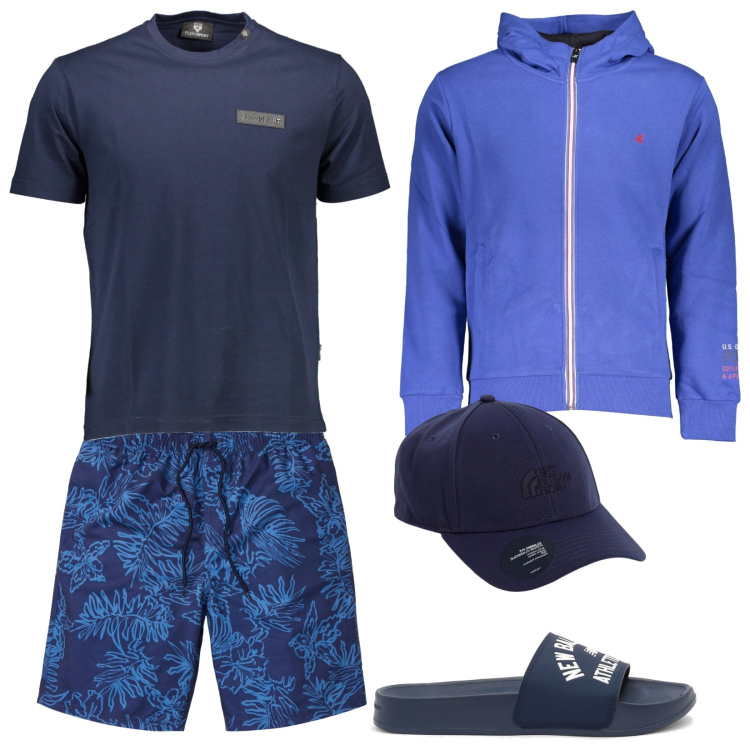 Outfit uomo - Sul lungomare di sera. Stile Trendy per Mare. Abbinamento con pantaloni corti, sandali, t-shirt, felpe con cappuccio, cappelli.