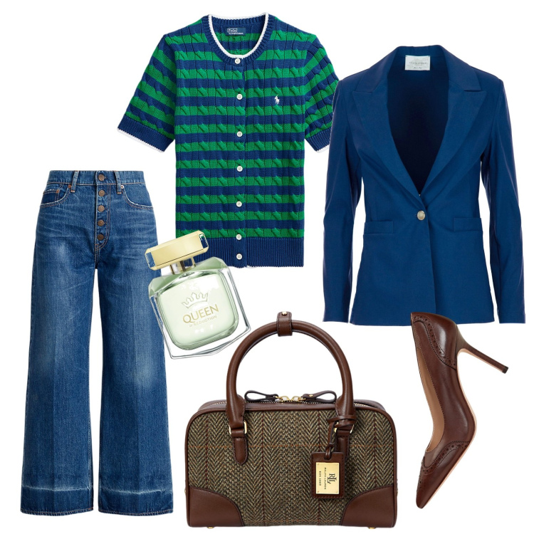 Outfit donna - Benvenuto Settembre!. Stile Urban per Ufficio. Abbinamento con profumi, jeans, cardigans, décolleté, borse a mano, blazer.