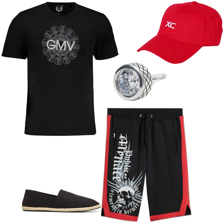 Outfit uomo - Rock al mare. Stile Biker Rock per Mare. Abbinamento con espadrillas, bermuda, orecchini, cappelli, t-shirt.