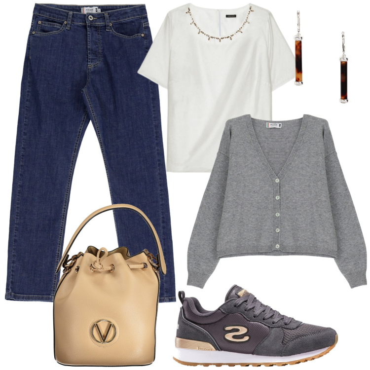 Outfit donna - Per tutti i giorni. Stile Casual per Tutti i giorni. Abbinamento con sneakers, cardigans, jeans dritti, orecchini, bluse, borse a spalla.