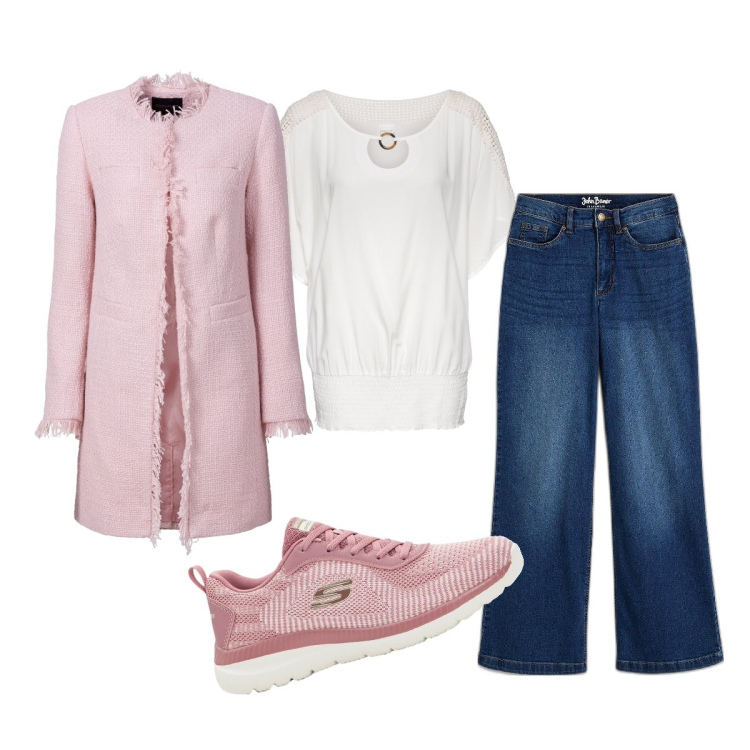Outfit donna - Il soprabito rosa. Stile Casual chic per Tutti i giorni. Abbinamento con blazer, jeans, bluse, sneakers.