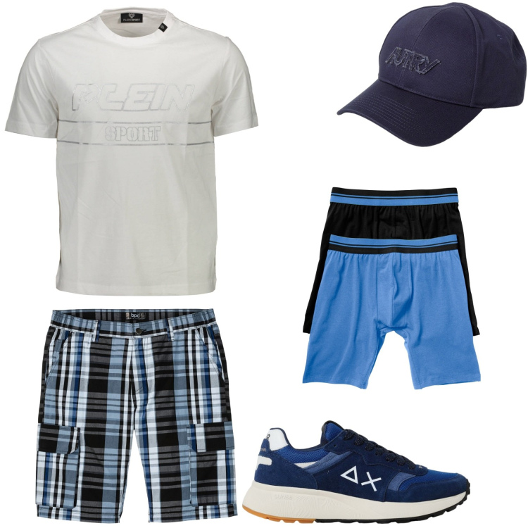 Outfit uomo - Ancora in vacanza. Stile Casual per Mare. Abbinamento con boxer, bermuda, t-shirt, sneakers, cappelli.