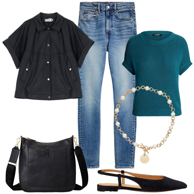 Outfit donna - Al lavoro in jeans. Stile Casual per Ufficio. Abbinamento con giacche, collane, maglieria, jeans slim fit, ballerine, borse a tracolla.