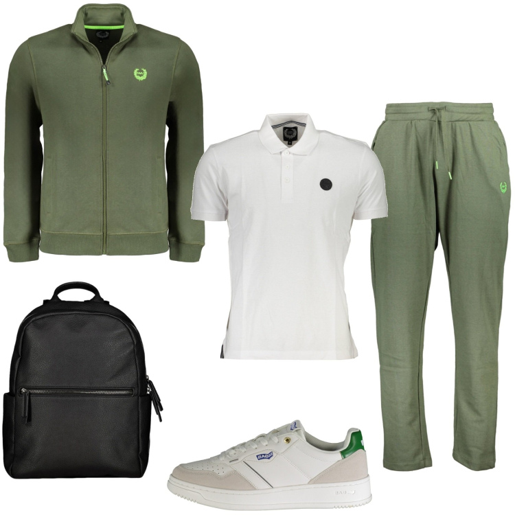 Outfit uomo - Una passeggiata in montagna. Stile Casual per Tutti i giorni. Abbinamento con borse sportive, polo, pantaloni, sneakers, felpe.