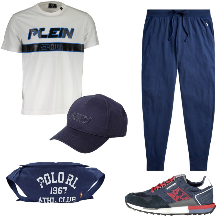 Outfit uomo - Jogging al parco. Stile Urban per Sport. Abbinamento con pantaloni, borse sportive, scarpe sportive, t-shirt, cappelli.