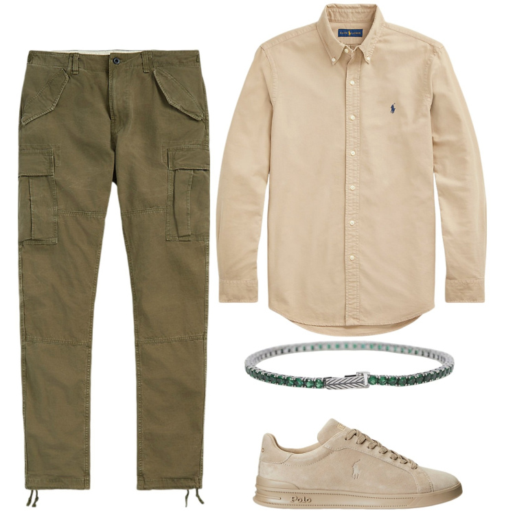 Outfit uomo - Beige e verde. Stile Casual per Tutti i giorni. Abbinamento con braccialetti, sneakers, camicie, pantaloni cargo.