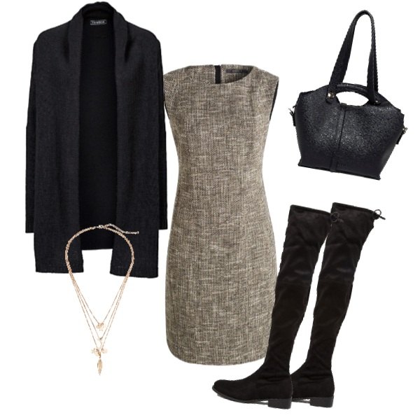Outfit donna - Domani al lavoro. Stile Basic per Ufficio. Abbinamento con cardigans, collana pendenti oro, vestito grigio e nero, stivali con zip e punta tonda in tessuto suola piatta nero, borsa a tracolla con manico e zip in pelle sintetica bianco.