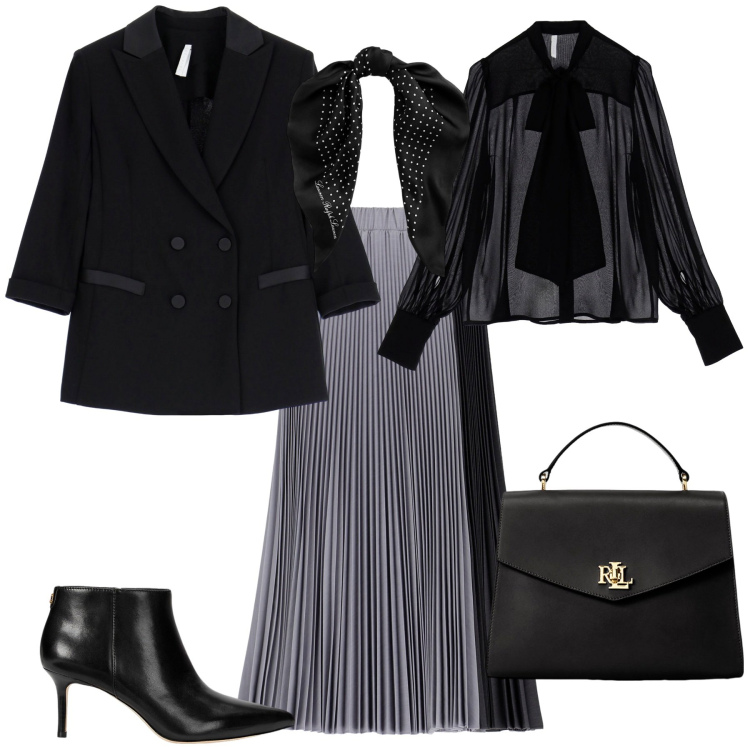 Outfit donna - Total look #1949919. Stile Bon Ton per Ufficio. Abbinamento con gonne lunghe, camicie, blazer, borse a mano, foulard, stivaletti.