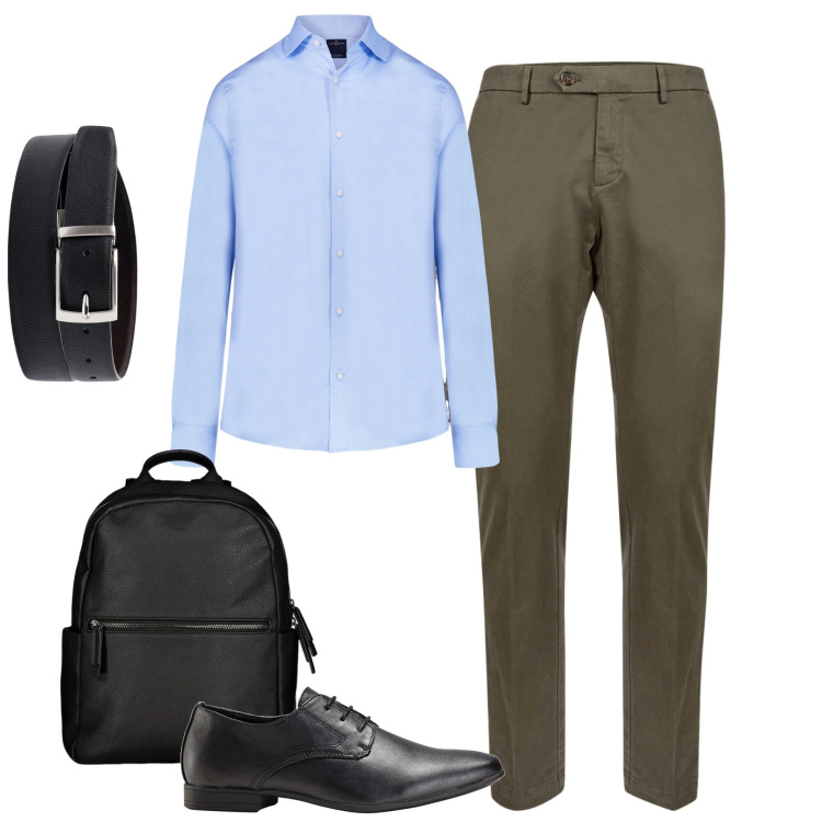 Outfit uomo - In ufficio a settembre. Stile Business/Elegante per Ufficio. Abbinamento con scarpe stringate, camicie, pantaloni chino, cinture, borse sportive.