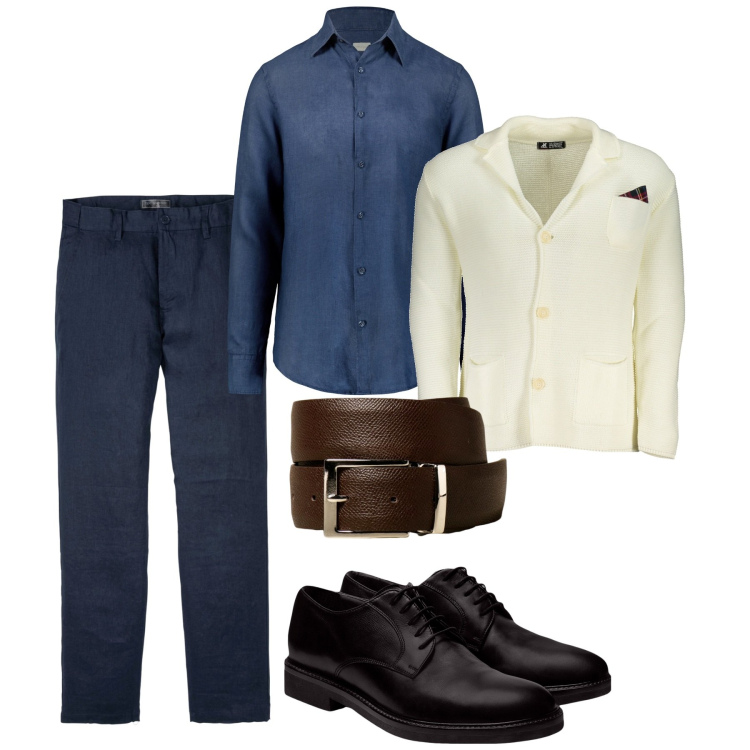 Outfit uomo - Gentleman in cardigan. Stile Trendy per Tutti i giorni. Abbinamento con pantaloni, scarpe stringate, cardigans, cinture, camicie.