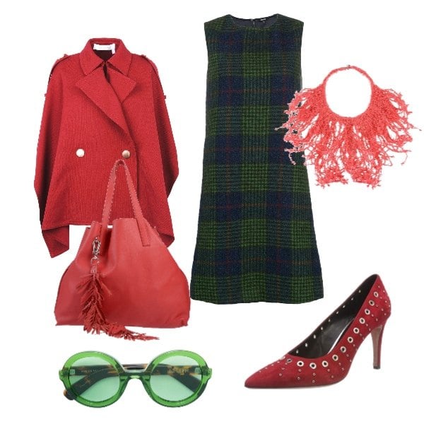 Outfit donna - ROSSO Corallo. Stile Bon Ton Abbinamento con mantella doppiopetto senza tasche collo classico interno sfoderato twill, collana effetto laminato con gancetto, borsa maxi in pelle martellata doppio manico tinta unita, vestito corto verde, occhiali da sole effetto acetato taglia unica verde, scarpe col tacco rosso.