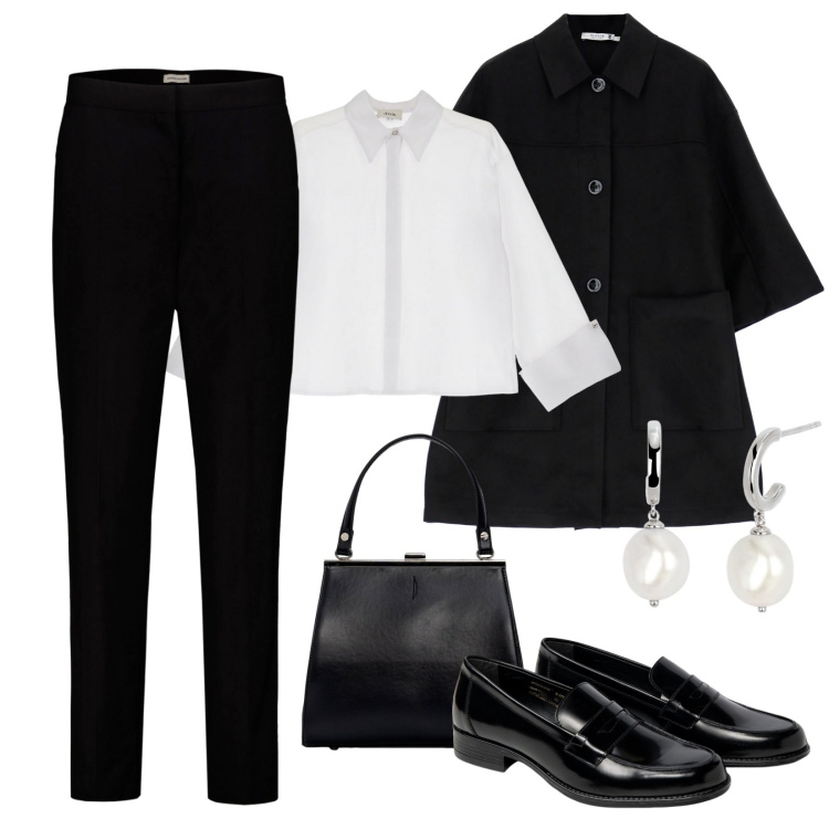 Outfit donna - Total look #1949999. Stile Urban per Ufficio. Abbinamento con orecchini, cappotti, camicie, pantaloni, mocassini, clutch.