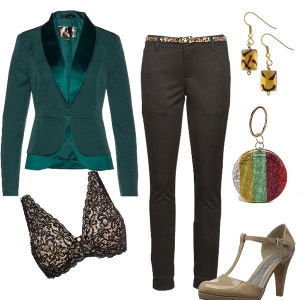 Outfit donna - Dettagli colorati. Stile Trendy per Serata fuori. Abbinamento con reggiseni, blazer, pantalone nero, scarpe con tacco marrone, pochette con manico e cinturino, orecchini oro.