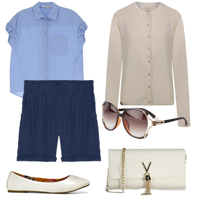 Outfit donna - Cardigan mania. Stile Chic per Tutti i giorni. Abbinamento con occhiali da sole, ballerine, camicie, cardigans, borse a mano, pantaloni corti.