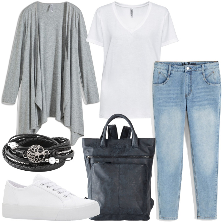 Outfit donna - Back to basic. Stile Basic per Tutti i giorni. Abbinamento con t-shirt, sneakers, braccialetti, jeans, zaini, cardigans.