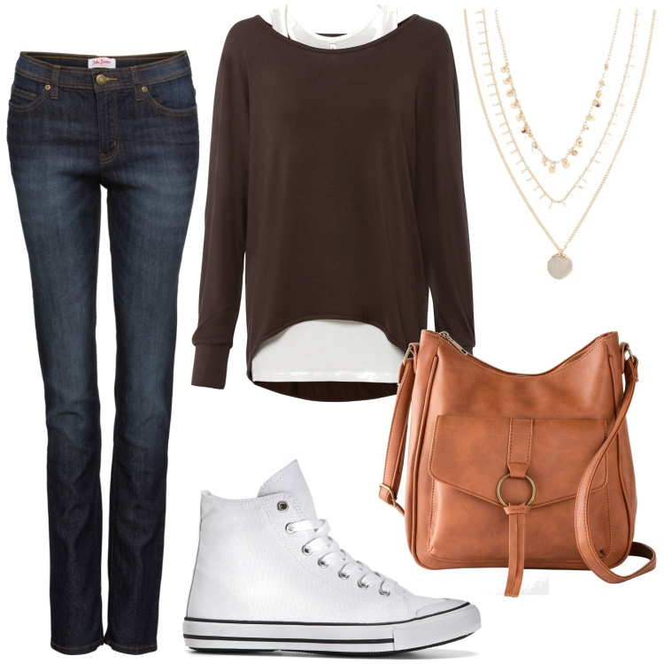Outfit donna - Jeans e sneakers. Stile Casual per Tutti i giorni. Abbinamento con jeans mom, borse a tracolla, collane, top, sneakers alte.