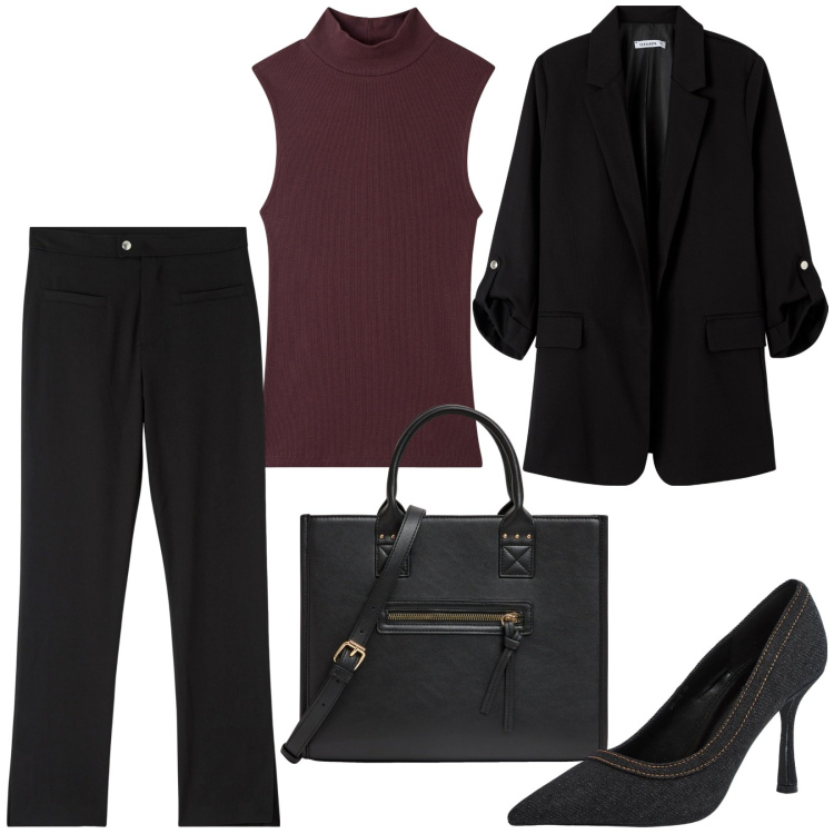 Outfit donna - L\'autunno è tornato. Stile Minimal per Ufficio. Abbinamento con shopping bag, blazer, top, pantaloni, décolleté.